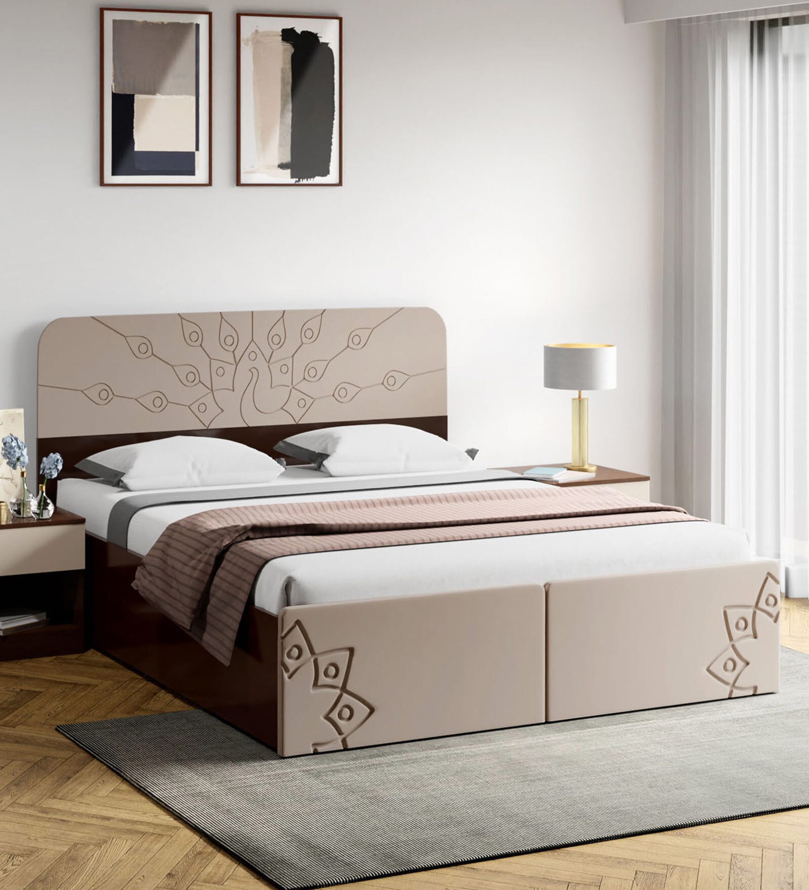 Pavo Queen Size Bed in Frosting Cream Finish With Box Storage