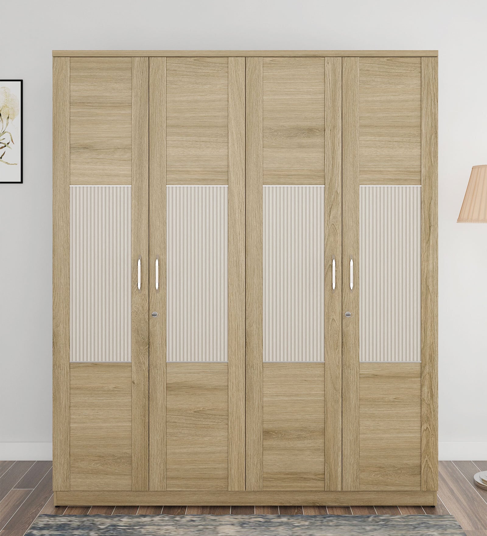 Paz 4 Door Wardrobe In Santano Oak & Bamboo Flute Colour In Melamine Finish With Drawer & Locker