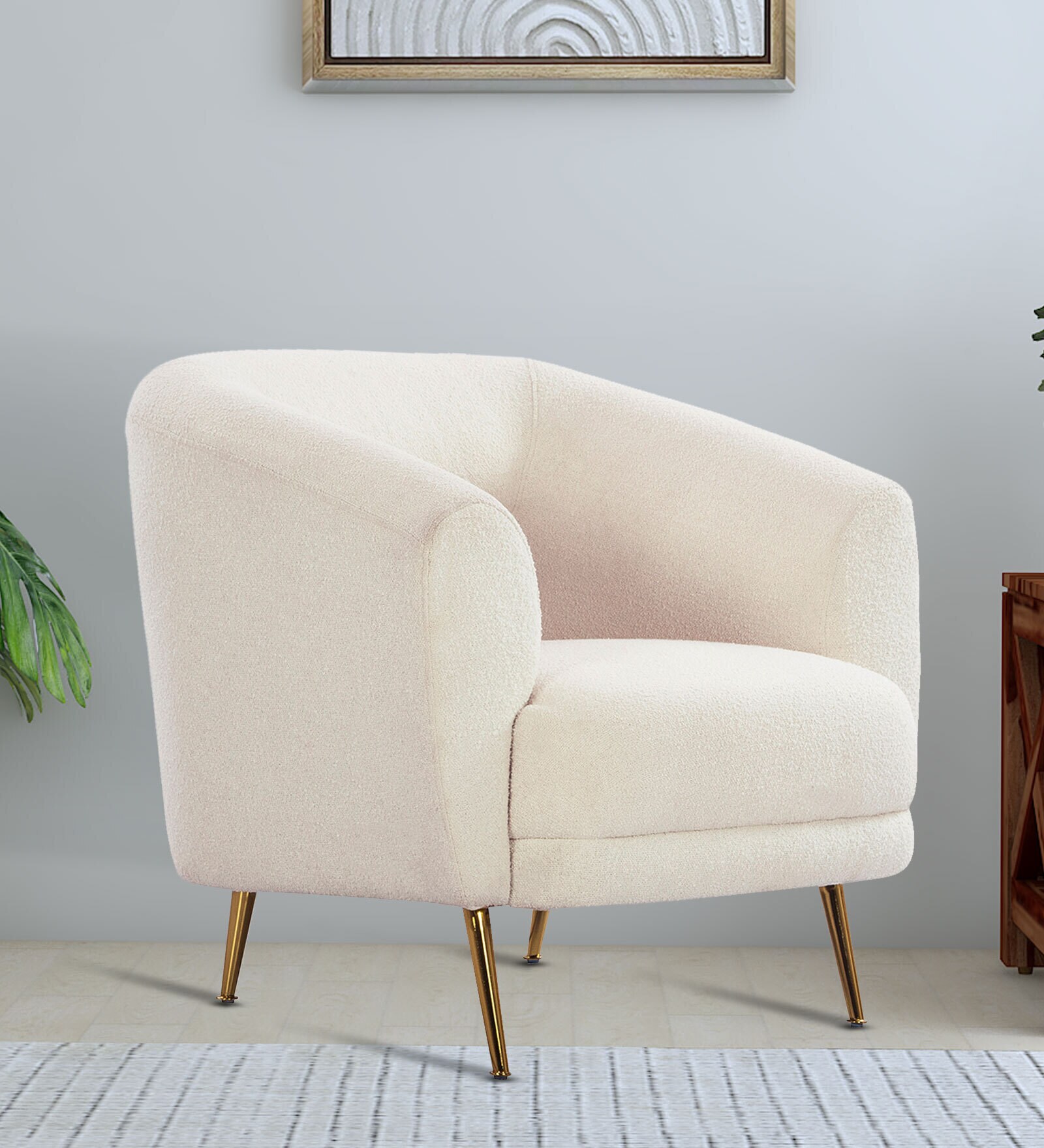 Paz Boucle Fabric Lounge Chair In Beige Colour