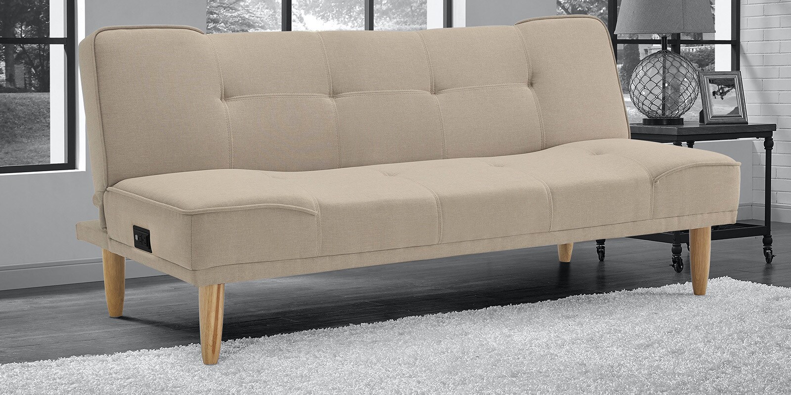 Buy Pablo Sofa Cum Bed with Power Outlet In Beige Colour CasaCraft at