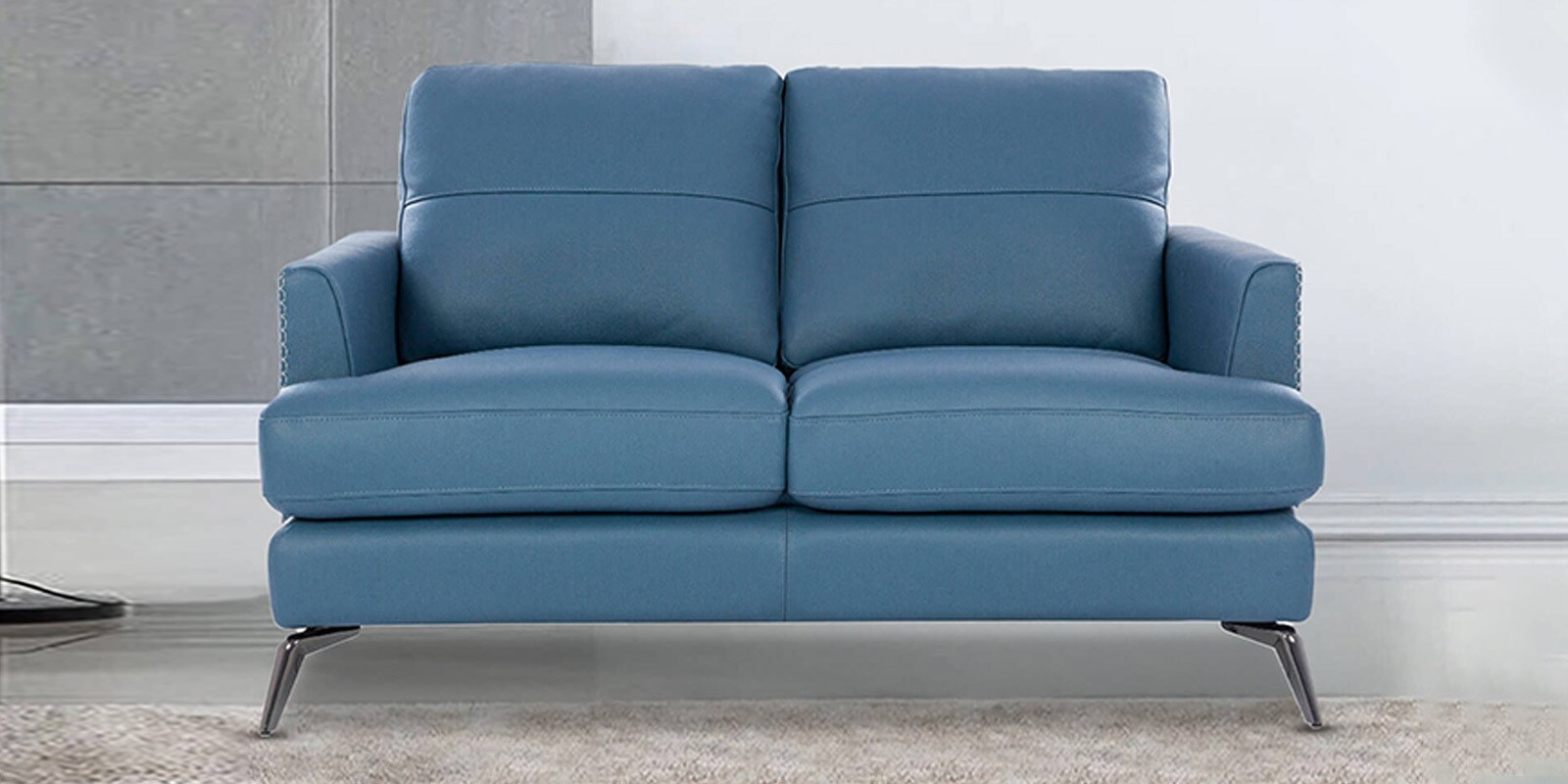 Paris Half Leather 2 Seater Sofa In Delph Blue Colour