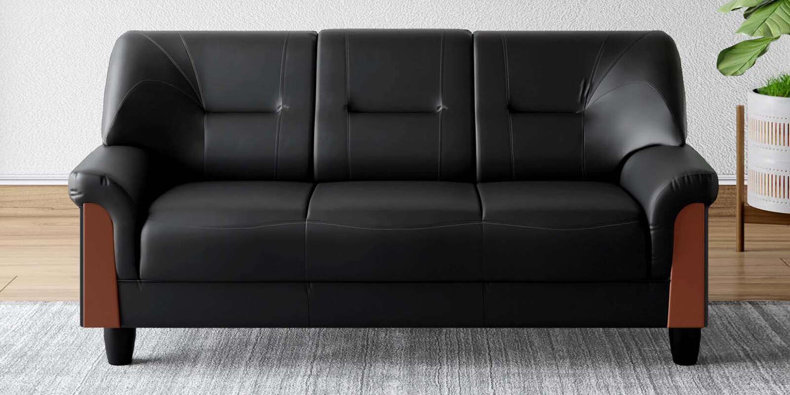 Parto Leatherette 3 Seater Sofa In Black Colour