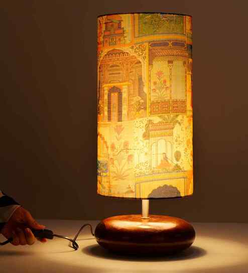 Pabel Shape Wooden Base Table Lamp With Mharani Shade Fabric Shade 21.5"