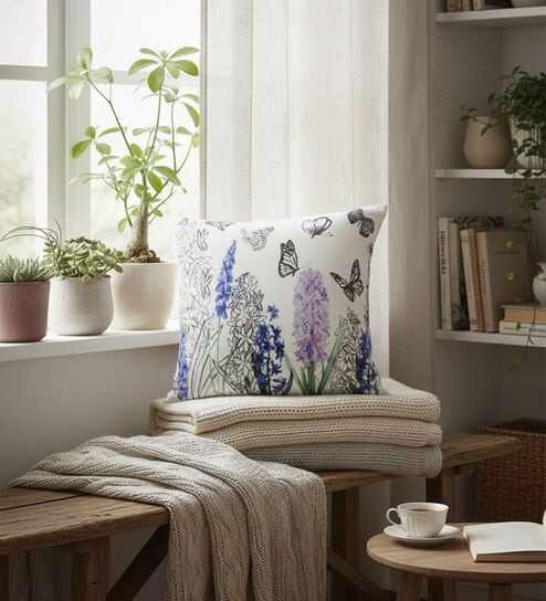 Pack Of 1 Hand-Sketched Floral & Butterfly Throw Cushion Covers (18x18)