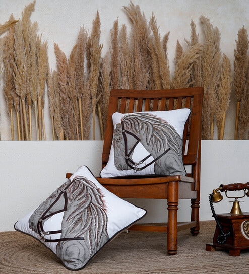 Pack of 2 Animalistic Cotton Embroidered Cushion Cover 16x16 inches