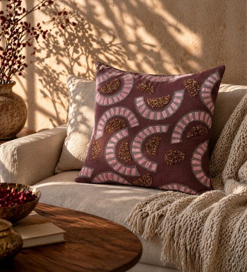 Pack of 2 Aubergine Abstract  Cotton Hand Crafted Cushion Covers