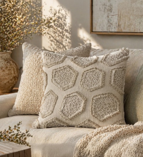 Pack of 2 Cream Beige Abstract  Cotton Hand Crafted Cushion Covers