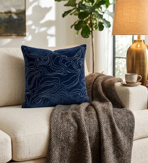 Pack of 2 Deep Blue Abstract  Cotton Hand Crafted Cushion Covers