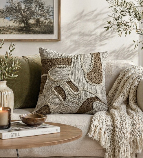 Pack of 2 Earthy Taupe Abstract  Cotton Hand Crafted Cushion Covers
