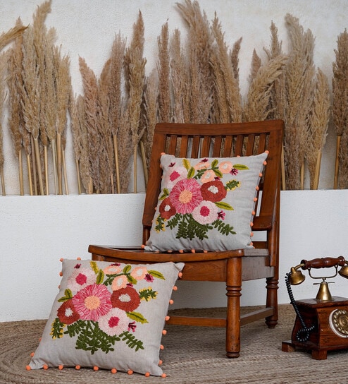 Pack of 2 Floral Cotton Hand Embroidered Cushion Cover 16x16 inches