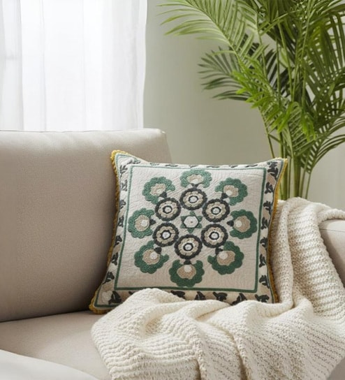 Pack of 2 Green Abstract Cotton Hand Crafted Cushion Covers