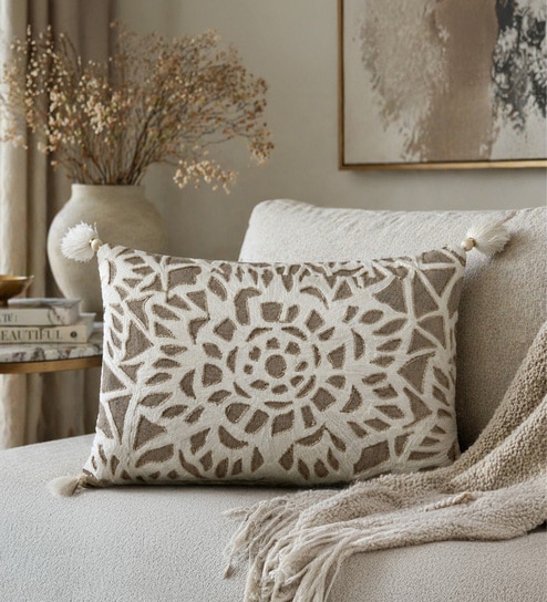 Pack of 2 Linen Beige Abstract  Cotton Hand Crafted Cushion Covers