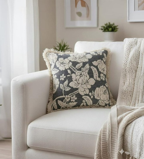 Steel Blue Cotton Floral Hand Crafted Cushion Cover (Pack of 2)