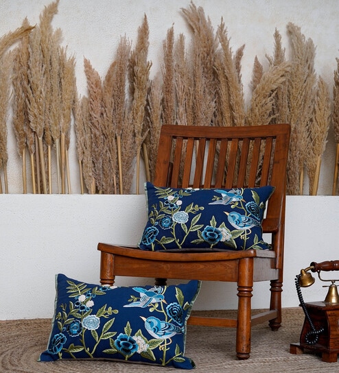 Pack of 2 Navy Blue  Artistic Cotton Hand Embroidered Cushion Cover 12x18 inches