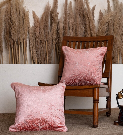 Pack of 2 Pink Floral Velvet Embroidered Cushion Cover 16x16 inches