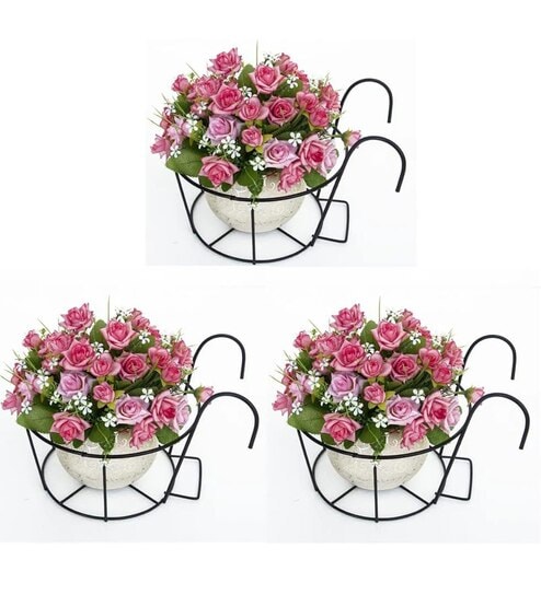Pack of 2 Railing Mounted Hanging Flower Pot Holder Metal Stand (Black)