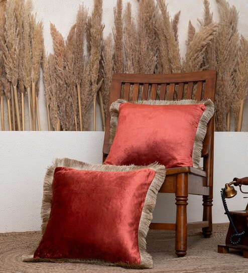 Pack of 2 Rust Velvet Fringed Velvet Cushion Cover 16x16 inches