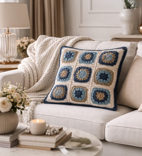 Pack of 2 Shades of Blue Abstract  Cotton Hand Crafted Cushion Covers
