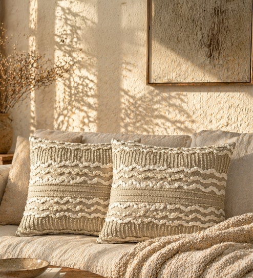 Pack of 2 Warm Taupe Abstract  Cotton Hand Crafted Cushion Covers