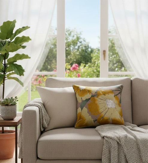 Pack of 2 Yellow Floral  Cotton Hand Crafted Cushion Covers