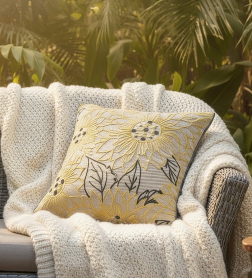 Pack of 2 Yellow Floral Cotton Hand Crafted Cushion Covers