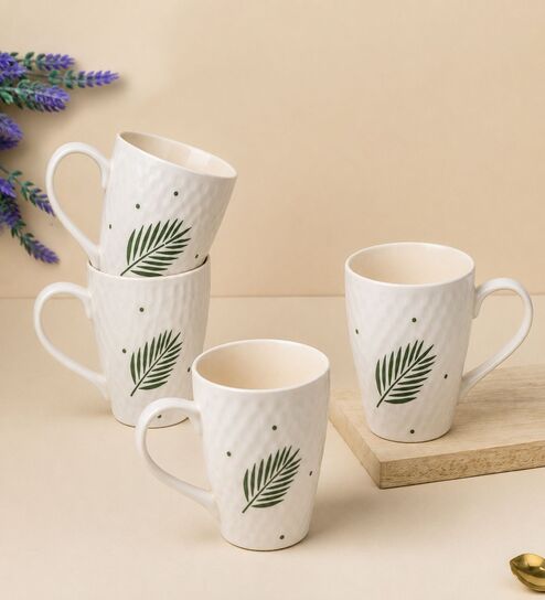 Pack of 4 White Leaf Print Ceramic Coffee Mug 400ML