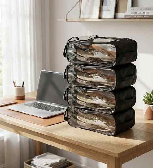 Pack Of 4 Black Shoe Nylon Organizer Bag Covers