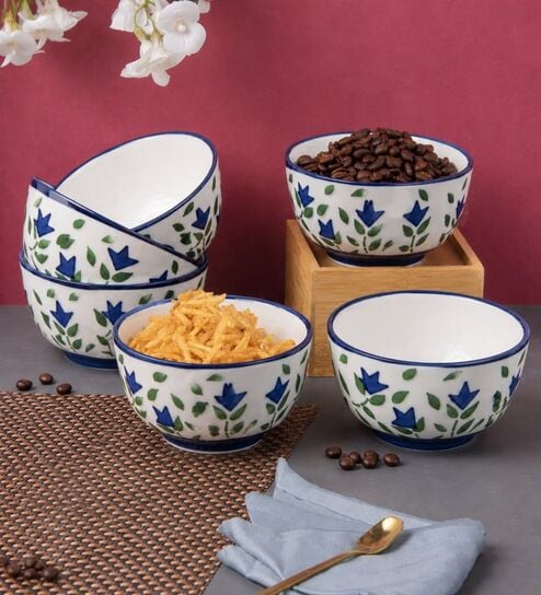 Pack of 6 Blue & White Floral Print Ceramic Dinner Bowl 180ML