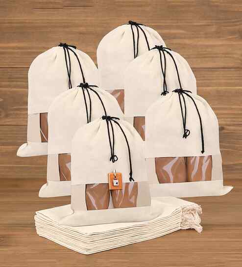Pack Of 6 White Cotton Shoe Organizer Bag Covers