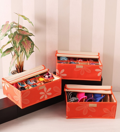 Buy Fabric Orange Innerwear Organiser Set Of 3 By Packnbuy
