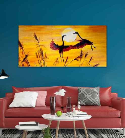 Pair Of Flamingos Flying In Sunset Canvas Wall Painting