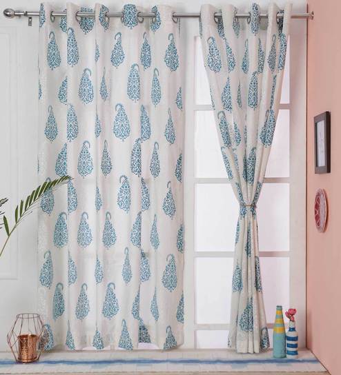 Blue Traditional Cotton 5 Ft Semisheer Eyelet Window Curtain