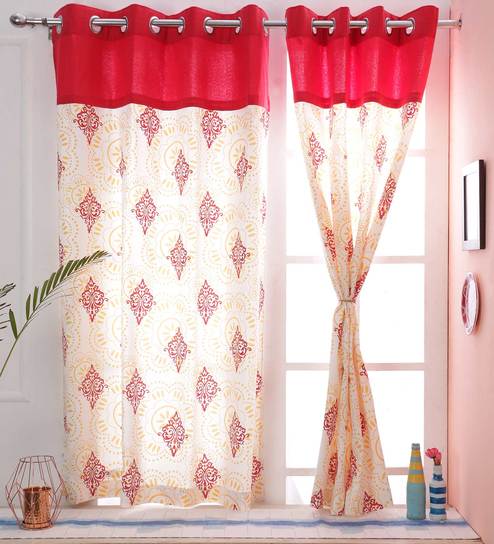 Buy Paisley Design Red Color Premium Cotton Eyelet Curtain Window