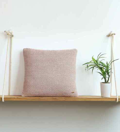 Pale Pink & Beige Melange 100% Cotton Moss Marld 16X16 Inches Knitted Cushion Cover