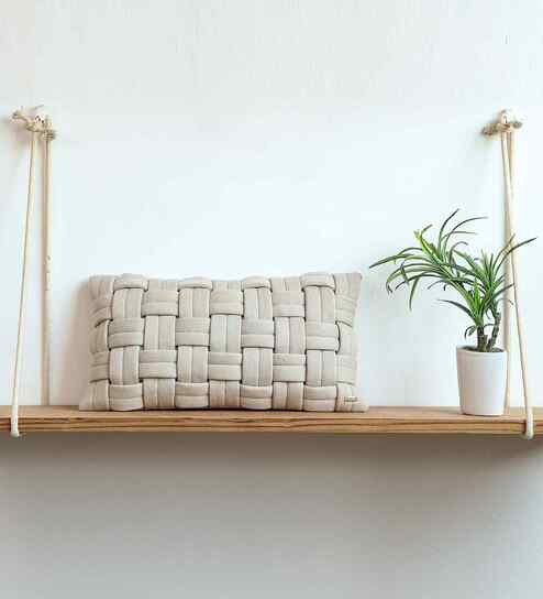 Pale Whisper 100% Cotton 12X20 Inches Knitted Cushion Cover With Filler