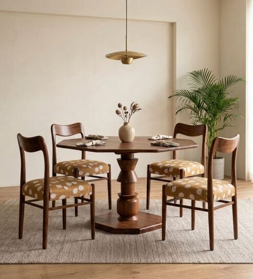 Pali 4 Seater Solid Acacia Wood Octagonal Dining Table Set With Teak Chairs In Natural Finish