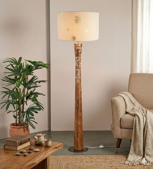 Pali Handcrafted Natural Wooden Floor Lamp for Living Room & Bedroom in Fabric Gold and White Color Shade