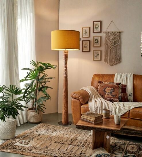 Pali Handcrafted Natural Wooden Floor Lamp for Living Room & Bedroom in Fabric Mustard/Yellow Color Shade