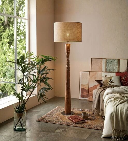 Pali Handcrafted Natural Wooden Floor Lamp for Living Room & Bedroom in Loose Weave Textured Off White Color Shade