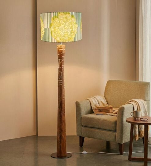 Pali Handcrafted Natural Wooden Floor Lamp for Living Room & Bedroom in Printed Fabric Blue/Green Color Shade