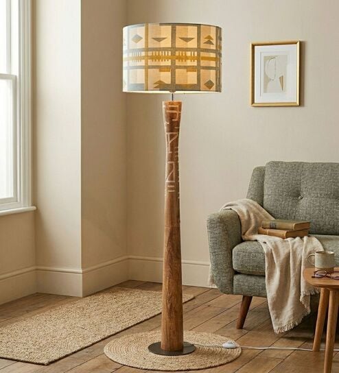 Pali Handcrafted Natural Wooden Floor Lamp for Living Room & Bedroom in Printed Fabric Grey Color Shade