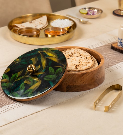 Pallav Roti Box Handcrafted Acacia Wood Casserole with Metal Tong Traditional Box