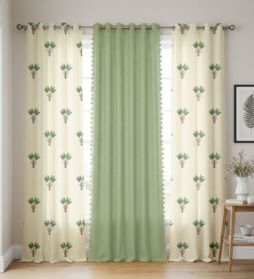 Palm Lagoon Green & Aura Green Printed Cotton Curtains for Window Pack of 3