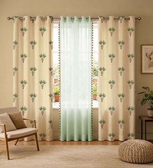 Palm lagoon green + mint green pom pom Printed Cotton Curtains for Door Pack of 3