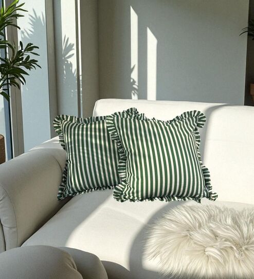 Green Striped Striped Cotton Stripe 18x18 inches Cushion Covers Set of 2