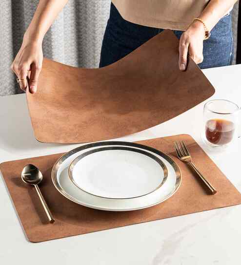 Nordic Leather Light Brown PVC Dining Table Mats (Set of 6)-image-0