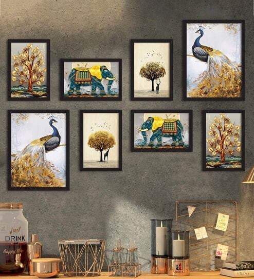 Paper Framed Royal Animals & Peacock Black Set Of 8 Art Print