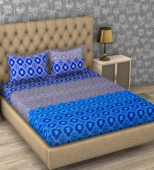 Paradise Geometric Blue Digital Printed 110 TC 100% Cotton Double Bedsheet with 2 Pillow Covers