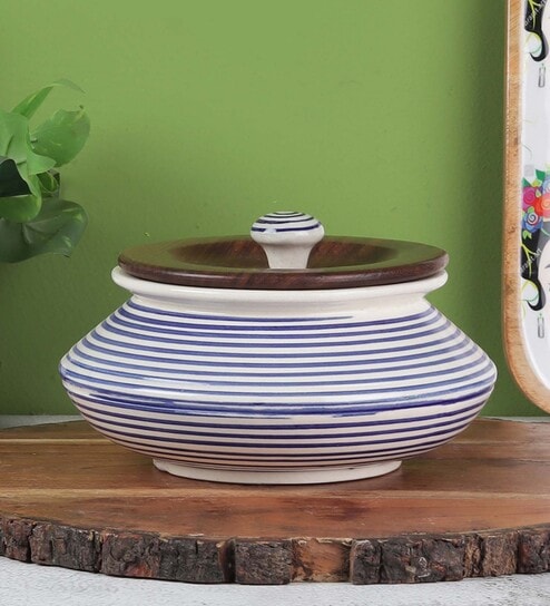 Parikrama Blue Spiral 1000ml Ceramic Serving Handi