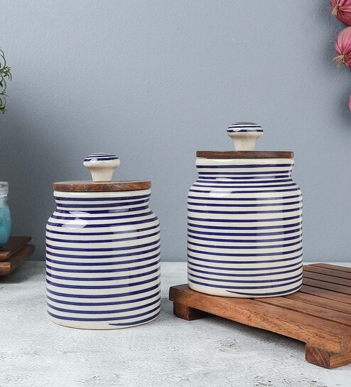 Parikrama Blue Spiral 500ml (Set of 2) Ceramic Storage Jar by Vareesha